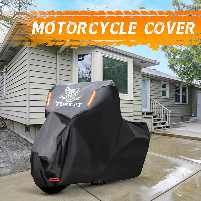 Motorcycle Cover, All Season Waterproof Outdoor Protection with Lock-Holes & Night Reflective, Fits up to 96" Harley Davidson Honda Suzuki Kawasaki Yamaha (Black)