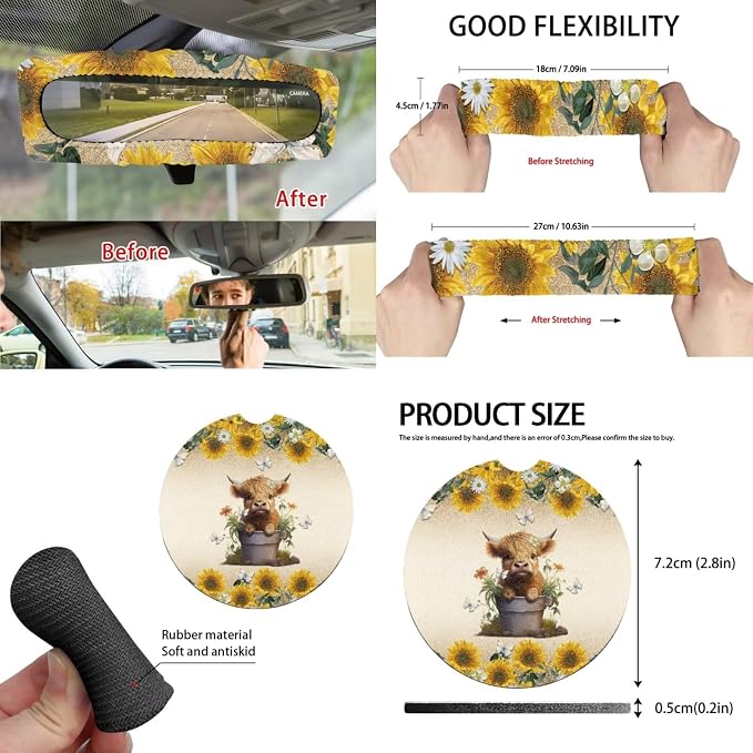 Sunflower Highland Cow Car Seat Covers Full Set for Women Cute Car Accessories Interior Car Steering Wheel Cover Seatbelt Covers Trash Bin Rear View Mirror Cover Cup Holders Keychain