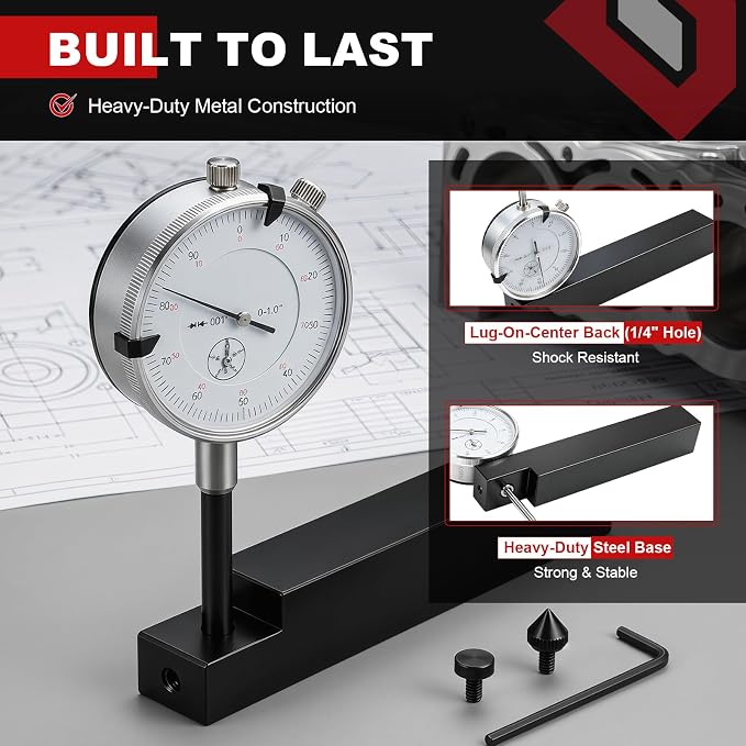 6434 Sleeve Height and Counter Bore Gauge for All Diesel Engines, 0-1.00" Cylinder Bore Gauge, 0.001" Graduation, 0-100 Dial Indicator for Sleeve Height, Counter Bore, Piston Deck & Valve Protrusion