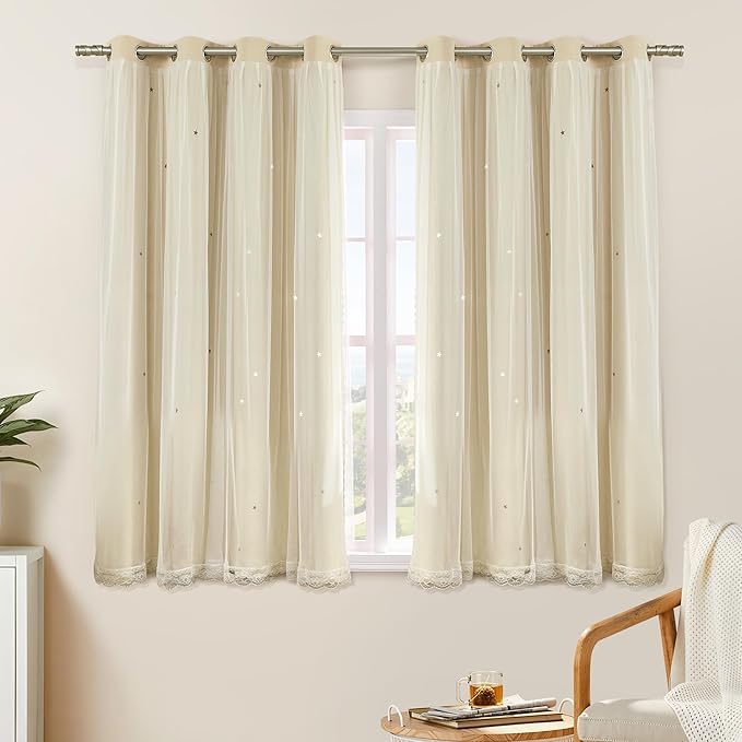 XiDi Beige Curtains with Sheer Overlay for Living Room Bedroom 2 Panels Star Hollow Out 80% Blackout Double Layer Curtains for Kids Girls Room Darkening Grommet Window Drapes with Tiebacks W52 X L54