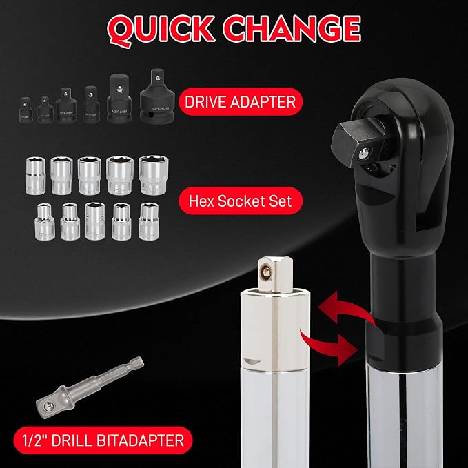 Offset Extension Wrench for Tight Spaces, 2 in 1 1/2'' Drive Offset Wrench, Offset Extension Wrench Impact for Electric Drill/Ratchet/Impact Wrench - with 10 Hex Socket
