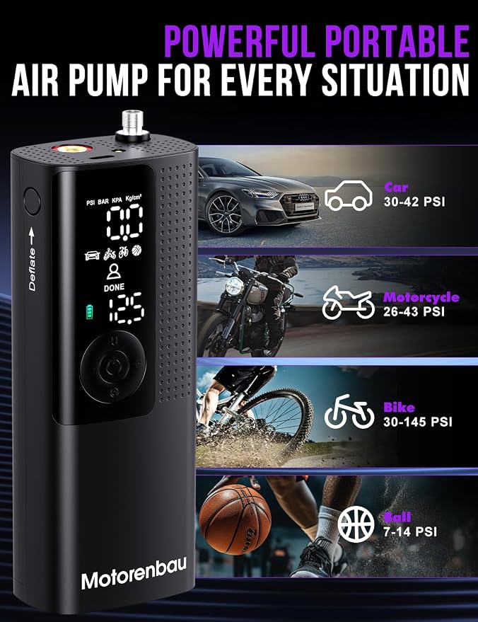 Tire Inflator Portable Air Compressor-150PSI Cordless Air Pump for Car Tires with Digital Pressure Gauge, LED Light, Fast Inflation & Auto Shutoff, Tire Pump for Car Motorcycle Bicycle Ball