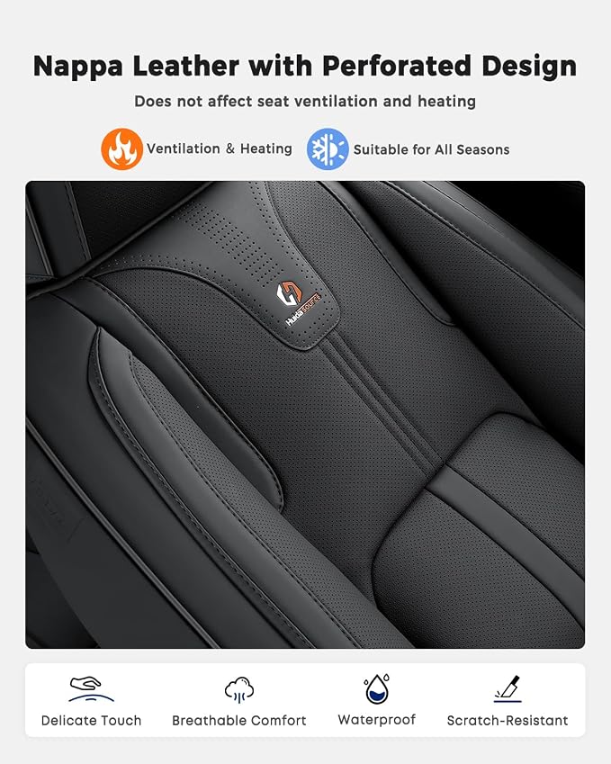 Huidasource Black Front Seat Cover Luxury Nappa Leather, Front Car Seat Cover with Airbag, Front Storage Pocket, Lumbar Support, Cooling＆Heating, Universal Fit for Most Cars SUV Trucks, Black