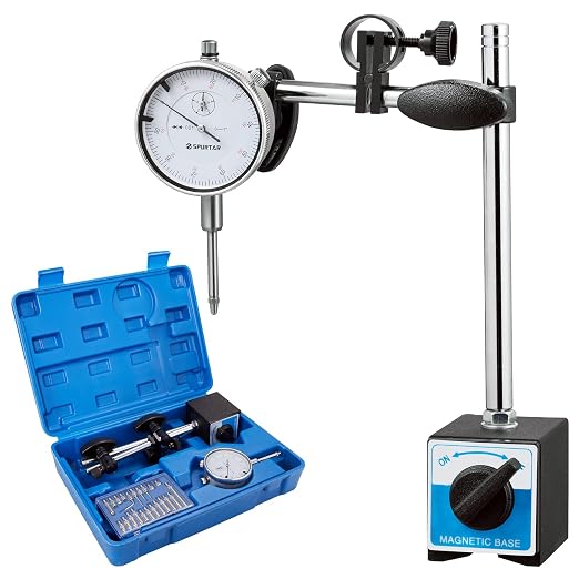 Spurtar Dial Indicator with Magnetic Base 0-1'' Dial Test Indicator 0.001'' Precision Dial Indicator Adjustable Long Arm Magnetic Dial Indicator for Accurate Alignment, Measurement, and Inspection