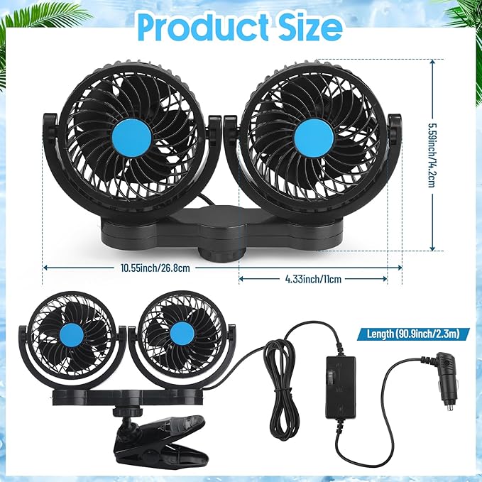 Tujoe 2 Sets 12v Car Fan Adjustable Dual Head Fan for Front Rear Seat 360° Rotatable Car Clip Fan Cooling Car Seat Fan with Stepless Speed Regulation and Cigarette Lighter Plug for Vehicles Suv Rv