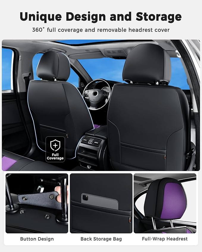 Huidasource Front Car Seat Cover Luxury Nappa Leather, Leather Front Seat Covers with Airbag, Front Storage Pocket, Lumbar Support, Cooling＆Heating Universal Fit for Most Cars SUV Trucks, Black&Purple