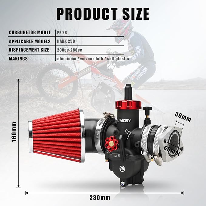 NIBBI Carburetot for Hawk 250 Dirt Bike, with Air Filter Intake Manifold Connector, Hawk250 Carb upgrade Performance Enhancement (Replacement(PE28))