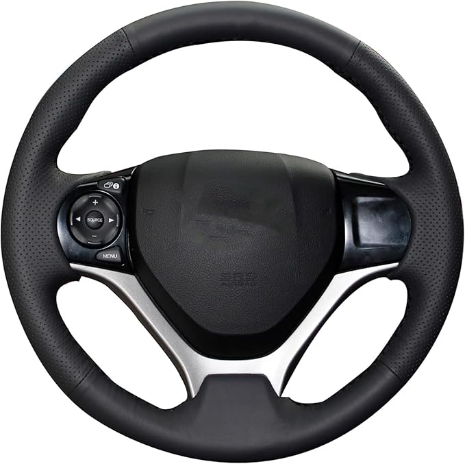 Loncky Carbon Fiber Black Genuine Leather Steering Wheel Cover for Honda Civic 9 Civic 2012 2013 2014 2015 Hand Stitched Custom Fit Car OEM Parts Interior Accessories