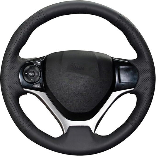 Loncky Carbon Fiber Black Genuine Leather Steering Wheel Cover for Honda Civic 9 Civic 2012 2013 2014 2015 Hand Stitched Custom Fit Car OEM Parts Interior Accessories