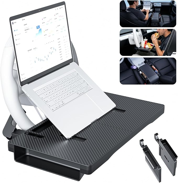 Carbon Fiber 2-in-1 Steering Wheel Tray Table & Car Seat Gap Filler Organizer | Foldable Adjustable Desk for Laptop, Eating & Work | Universal Car Office Accessories for Drivers, Women & Men