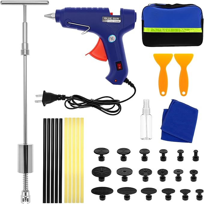 QWORK Auto Body Dent Repair Tool Kit, Dent Puller Kit, Car Dent Remover Tool, Paintless Dent Repair with Slide Hammer and 16 Black Glue Tabs