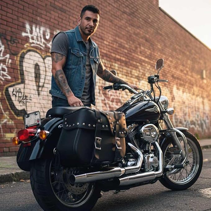 Milwaukee Leather SH645ZB Black 2-Strap PVC Zip Off Throw Over Motorcycle Saddlebags with Chrome Studs - One Size