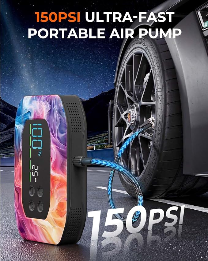 2000A Jump Starter with Air Compressor, Portable Car Battery Jump Starter, 12V Booster for Gas/Diesel Engines, 150PSI Tire Inflator 10000ma/h 33W Bidirectional Fast Charging Power Bank-Black