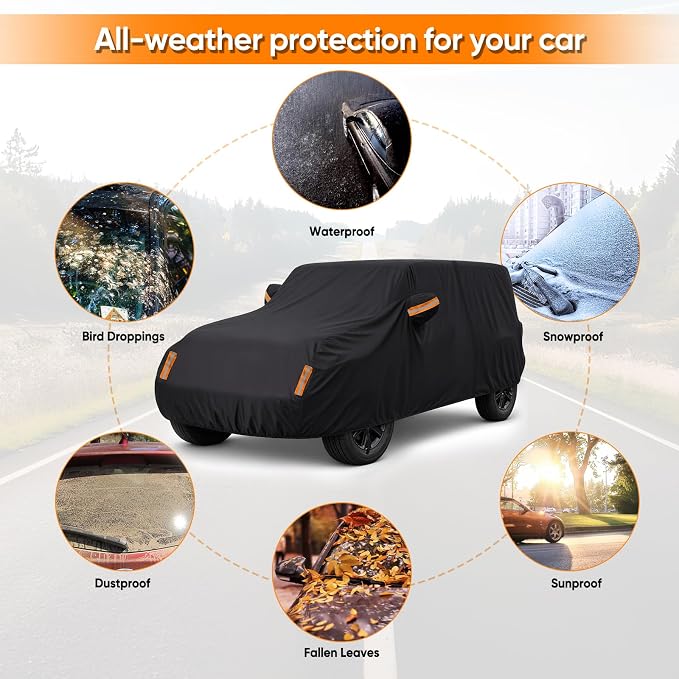 Car Cover for Jeep Wrangler 4 Door 2006-2026 JK JL Outdoor Waterproof Sun Rain Snow Hail UV Protection with Driver Door Zipper