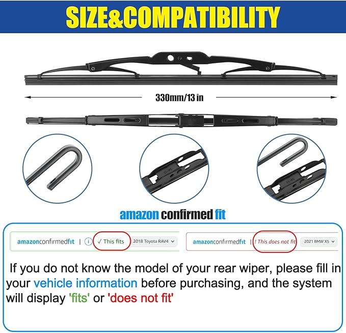 GSPSCN 13" Rear Wiper for Ford Explorer 10-06，Transit 13-10，Freestyle 07-05 /GMC Terrain 17-10，Yukon Yukon XL 20-15 /Honda CRV 16-12 Back Windshield Wiper Blade (13-1)
