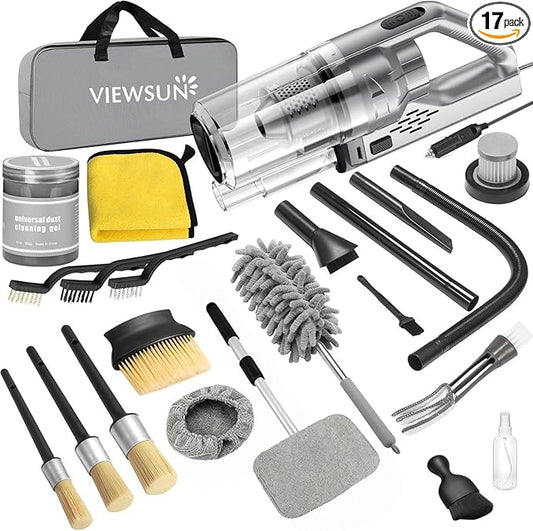 Viewsun Car Cleaning Kit, 17PCS Car Interior Detailing Kit with Gray High Power Handheld Vacuum, Detailing Brush Set, Windshield Cleaner, Cleaning Gel, Complete Auto Accessories for Men, Women