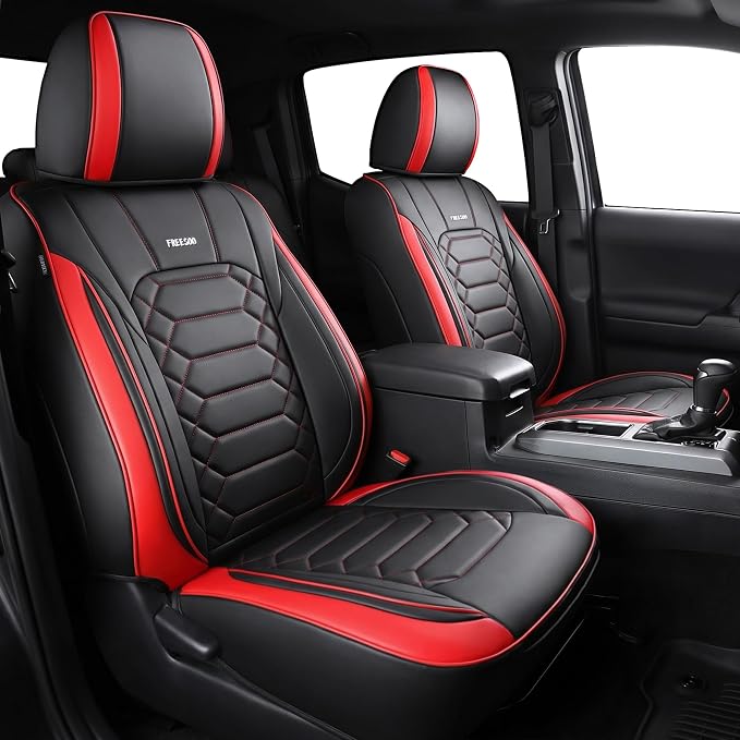 FREESOO Tacoma 2016-2023 Seat Covers Custom Fit for Toyota Tacoma Double Crew Cab Faux Leather Full Set Pickup Truck Seat Covers (Full Set, BlackRed)