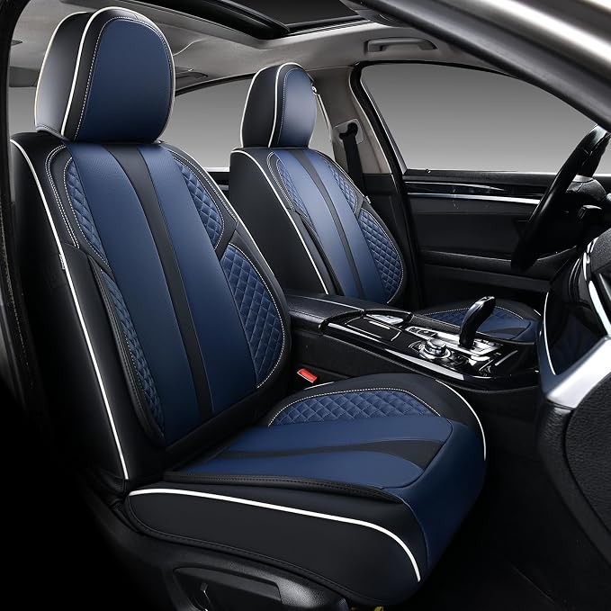 2-Seater Car Seat Covers Full Set Waterproof and Breathable Nappa Leather, Fit for Front Seats of Cars, Compatible with Airbags, Car Seat Protector Covers for Most Cars - Black Blue