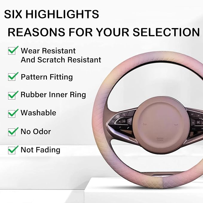 Leather Steering Wheel Cover, Colorful Cute Pink Purple Steering Wheel Cover Non-Slip Breathable Fabric Absorbing Sweat Universal Car Accessories for Women 14.5–15 inch