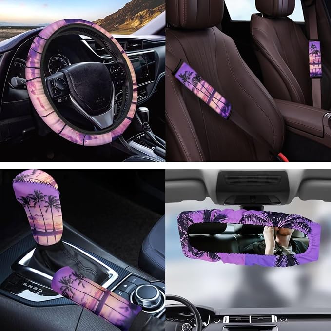 Palm Trees Sunset 11 Pack Car Seat Covers Sets Car Front Seat Cover Auto Seat Belt Cover Rear View Mirror Cover Cup Coasters Keychain Holder Universal Fit Most Cars SUV