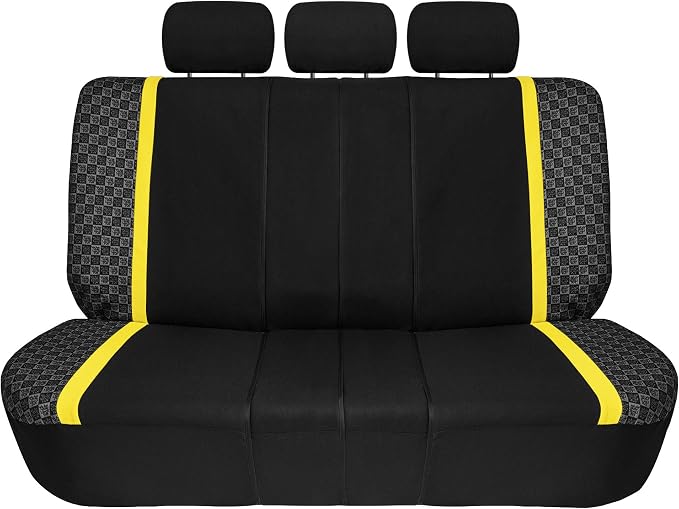 We Are Young Life is Fun™ Checker Car Seat Covers Universal Fit Interior Accessories Full Set Yellow Seat Cover Combo Steering Wheel Cover and Seat Belt Pads, Airbag and Split Rear Car Seat Covers