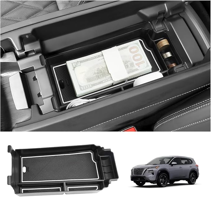LUWU 2025 2026 Rogue Center Console Organizer for 2021 2022 2023 2024 2025 2026 N issan Rogue Accessories Armrest Console Storage Box Insert Tray ABS Material White-trim