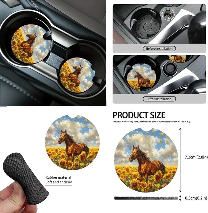 Horse Sunflower Pattern 13 Pieces Car Accessories, Front and Rear Seat Covers Full Set + Soft Steering Wheel Cover + Safe Belt Covers + Coasters with Notch Wear Resisting Interior Covers
