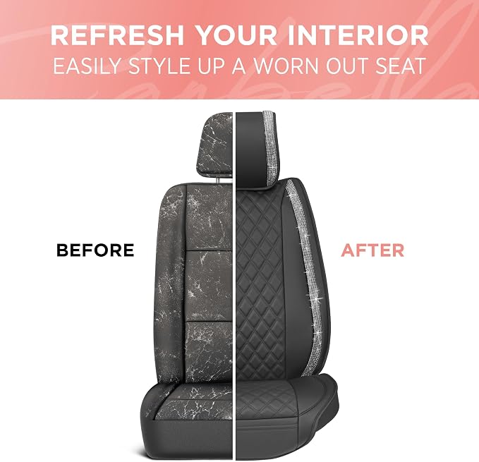 BlingStitch™ Car Seat Covers for Front Seats - Luxurious Black Vegan Leather Seat Covers for Cars with Clear Bling Crystals, Premium Automotive Seat Covers for SUV, Trucks, Car Bling Luxury
