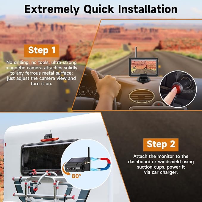 Magnetic Solar Wireless Backup Camera with 5” HD Monitor No Wiring Rechargeable Battery IP68 IR Night Vision Rearview Camera System for Car RV Truck 5th Wheels Skid Steer Horse Trailer Hitch Camera