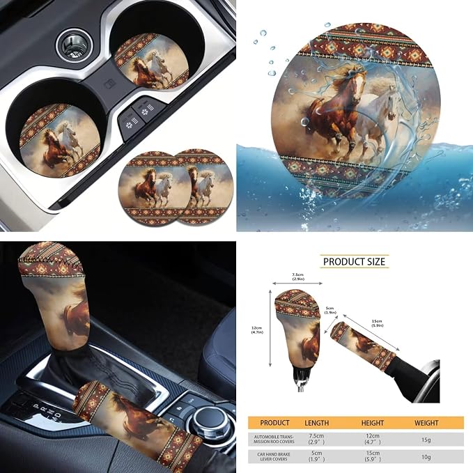 Tupalatus Aztec Horse 9 Pcs Car Seat Covers 2 Front Seats Car Accessories Full Set for Women Men Steering Wheel Cover Seat Belt Pads Cover Coasters Gear Shift Hoodie Handbrake Cover