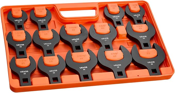 VEVOR Crowfoot Wrench Set, 1/2" Drive, 14-Piece Metric 27 to 50 mm Crows Foot Wrenches, with Storage Tray, Dual Size Markings on Tools and Tray, for Auto Maintenance or Repairs