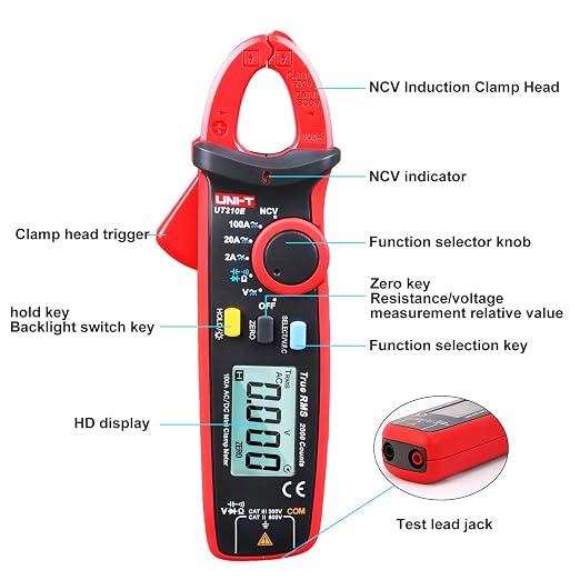 UNI-T UT210E Mini Digital Clamp Meter 100A AC DC Current Voltage True RMS Pliers Ammeter Resistance, Capacitance, Diode Tester Multimeter with Alligator Clip, Red&Black