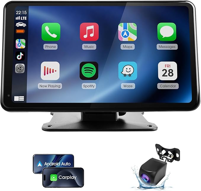 Haudio 7" Portable Wireless CarPlay & Android Auto Car Stereo with Backup Camera, 7" HD Touch Screen, GPS, Voice Control, Plug & Play for Older Cars - Universal Fit