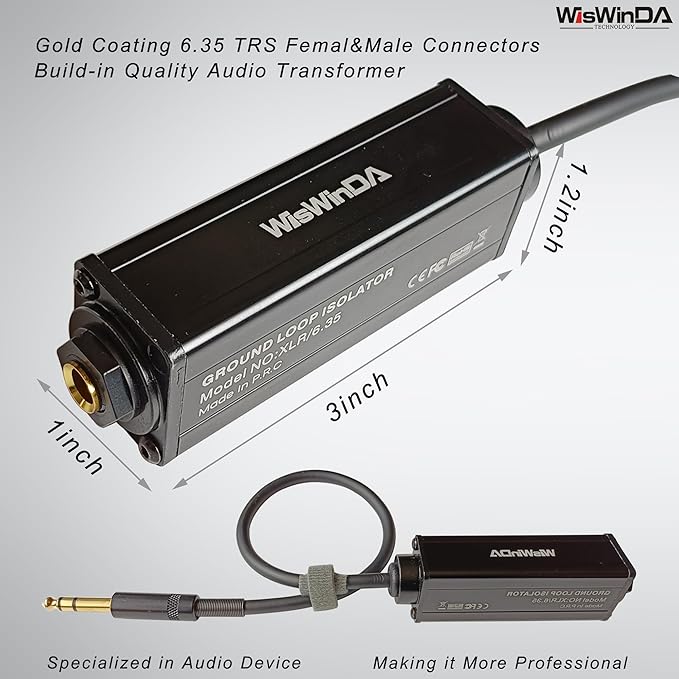 6.35 1/4" TRS Ground Loop Isolator Hum Eliminator for Home Stereo System/Speaker/Micphone/Car Kit/Audio Player (Eliminate The Buzzing Noise) (6.35 TRS-HiFi Stereo with Cord)