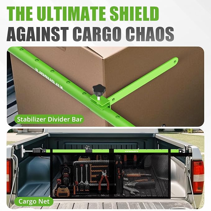 KILOUPOLE Adjustable Cargo Bar, 40" to 79" Non-Slip Truck Bed Divider, Cargo Bar for Pickup Truck Bed Cargo Bars for SUVs, Trailers, Vans, Comes with 2 Cargo Bars, 2 Dividers, 1 Cargo Net