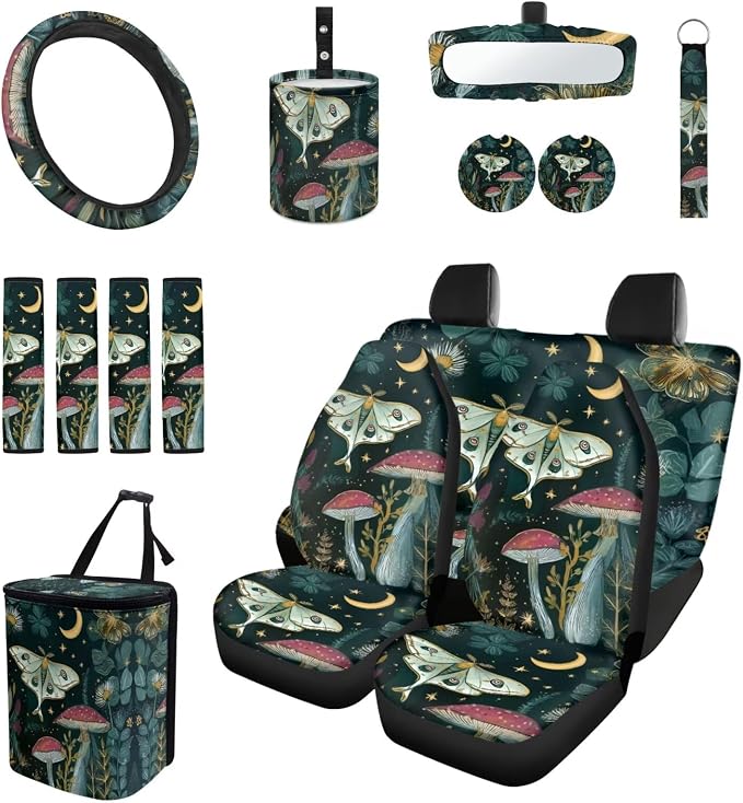 Mushroom Moth 15 PCS Car Seat Cover Set, with Steering Wheel Seat Belt Cover Rear View Mirror Cover Coaster Trash Cans Keychain Universal Fit