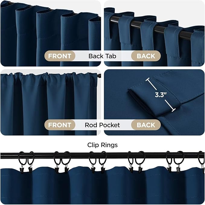 Joydeco 90 Inch Blackout Curtains for Bedroom, Thermal Insulated Black Out Curtains 2 Panels Set, Room Darkening Drapes for Living Room Window Rod Pocket Back Tab (W52 x L90 Inch, Navy Blue)