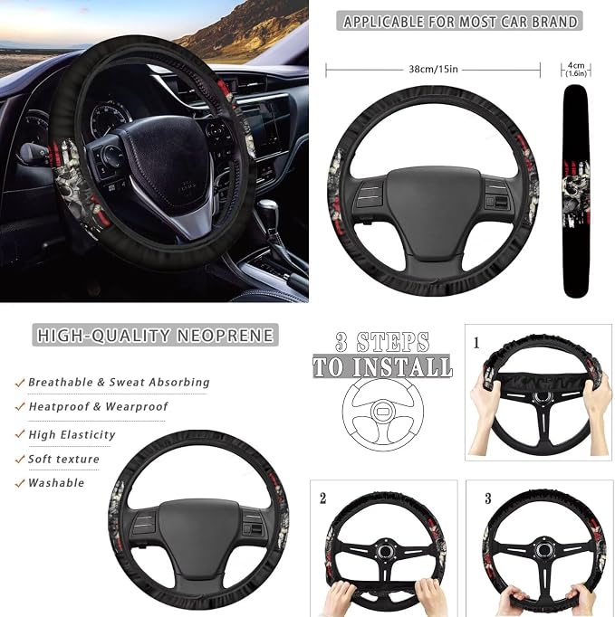 Howilath Gothic Skull Red Rose Car Seat Cover Set of 13 Anti-Slip Front Back Seat Covers with Auto Steering Wheel Pads/Seat Belt Cushion/Keychains/Cup Mat Accessories Interior Decor, Easy to Install