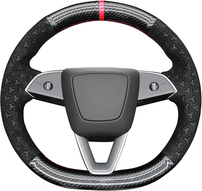 MEWANT DIY Shiny PU Carbon Fiber Geom Embossed Athsuede Steering Wheel Cover for Tesla Model Y Juniper Model 3 Highland
