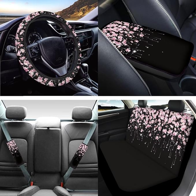 Mumeson Cherry Blossom Car Seat Covers Set with Steering Wheel Cover + Safety Seat Belt Pads + Armrest Cushion Pad for Car 8 Pack Car Accessories Decor for Womens