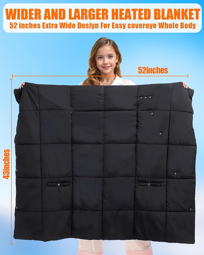 Kids Heated Blanket Battery Powered - 52x43 in Portable Wireless Cordless Throw Electric Rechargeable Heating Blanket, Upgraded 7.4V Battery Pack Heating Element (Black)