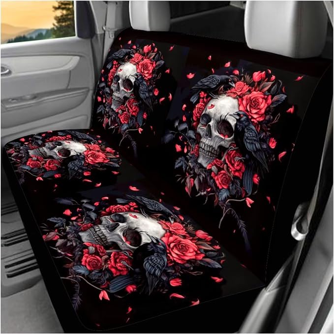 Ystardream Gothic Skeleton Car Interior Seat Cover Full Set Seat Covers for Car for Women Automotive Vehicle Cushion Cover for Cars SUV Pick-up Truck Universal Fit for Dogs Pets Kids