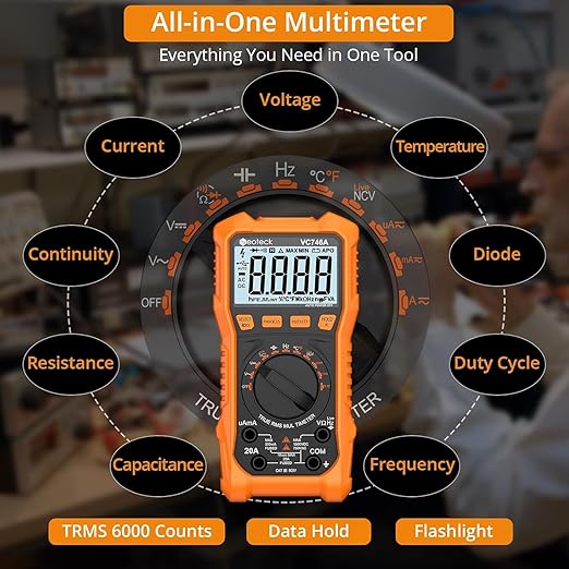 Neoteck 6000 Counts Digital Multimeter 750V AC 1000V DC with AC/DC Current Measurement TRMS Auto Range Voltmeter with NCV, CAT III 600V, Temp/Cap/Freq/Duty/Diode/Cont, Backlit+Flashlight, Complete Kit