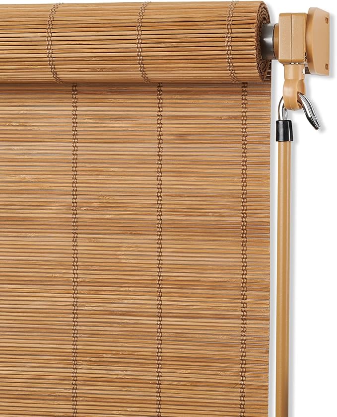 Coolaroo Wand Operated Outdoor Roller Shade – Cordless Sun Blocking Window Blind for Patio, Deck, or Sunroom – Fade Resistant, Smooth Wand Operation, Kid-Safe, Hardware Included, 8' x 6', Bamboo