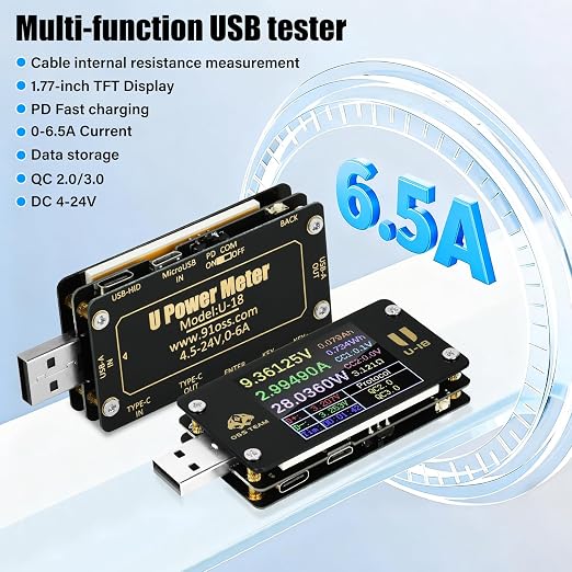 Diymore 2 in 1 Type C USB Tester USB Multimeter USB C Power Mester Tester USB-C Testers DC 4-24V 6A 1.77-inch Multi-Function Voltage and Current Meter QC/PD Protocol Trickle Charger Quick Charge