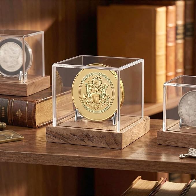 Hooqict Coin Display Case Clear Acrylic Military Challenge Coin Case Display Box UV Protected with Wood Base & Alloy Holder Single Stand for Collectors Medal Poker Chip Collectibles