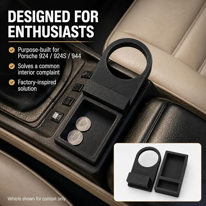 SplashNColor Ashtray Cup Holder for Porsche 924 924S 944 – Center Console Drop-in Insert | No Modification Required | Classic Sports Car Interior Drink Storage Accessory