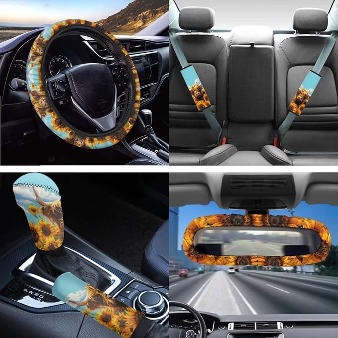 14Pack Highland Cow Sunflower Car Accessories for Women,Highland Cow Car Seat Covers Auto Steering Wheel Cover Seatbelt Pads Handbreak Cover Vehicle Coasters Keychain Mirror Cover