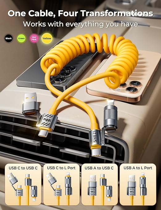 Coiled Cable 4-in-1 USB C Cable 100W Compatible with Lightning Cable Fast Charging & Data Transfer, Support to CarPlay & Android Auto, 5FT Multi Cord Combo Charger for iPhone/iPad