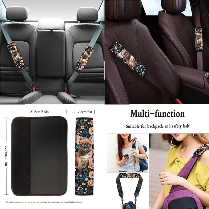Suobstales French Bulldog Flower Print Car Seat Covers Full Set for Women Girly Seat Cover Protector Auto Decorative with Steering Wheel Cover +Seat Belt Covers +Coasters +Keychains